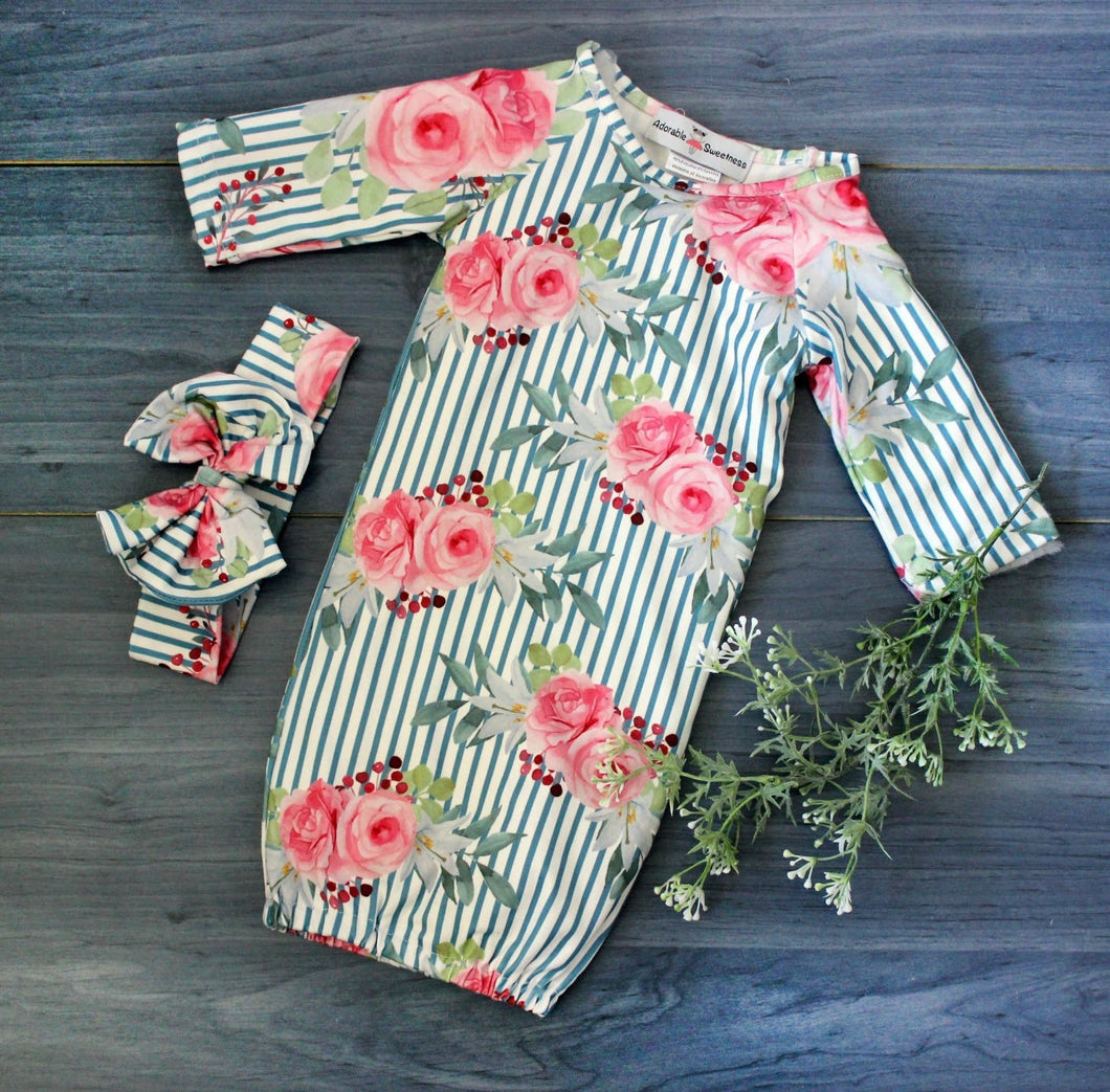 Rose Stripe Baby Gown & Bow Set
